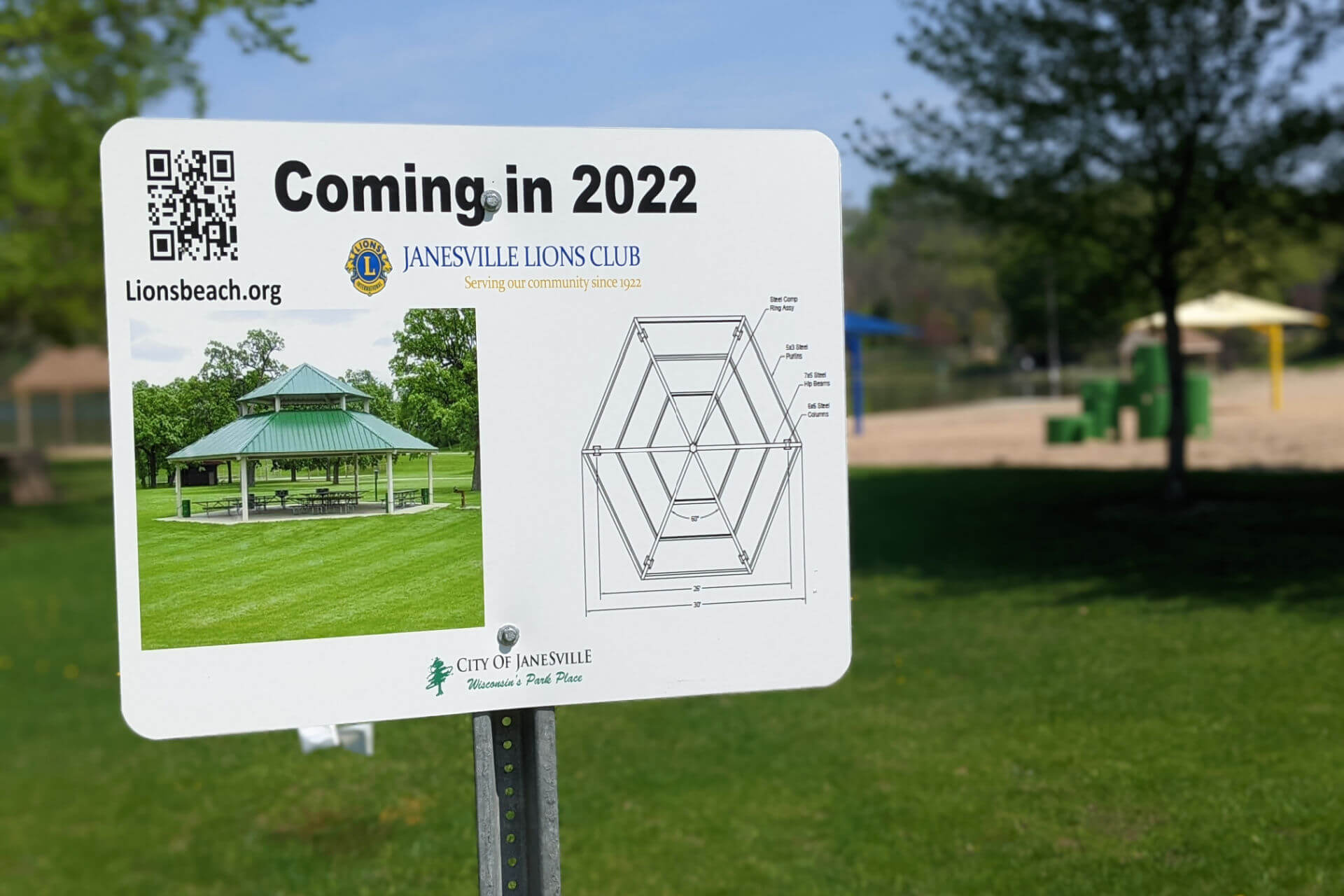 A coming soon sign for a new picnic pavilion is seen at Lions Beach in early May 2021.
